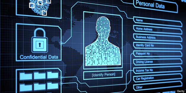 Digital illustration of a virtual profile with personal data fields, confidential data icon, and a security lock symbol on a blue interface.