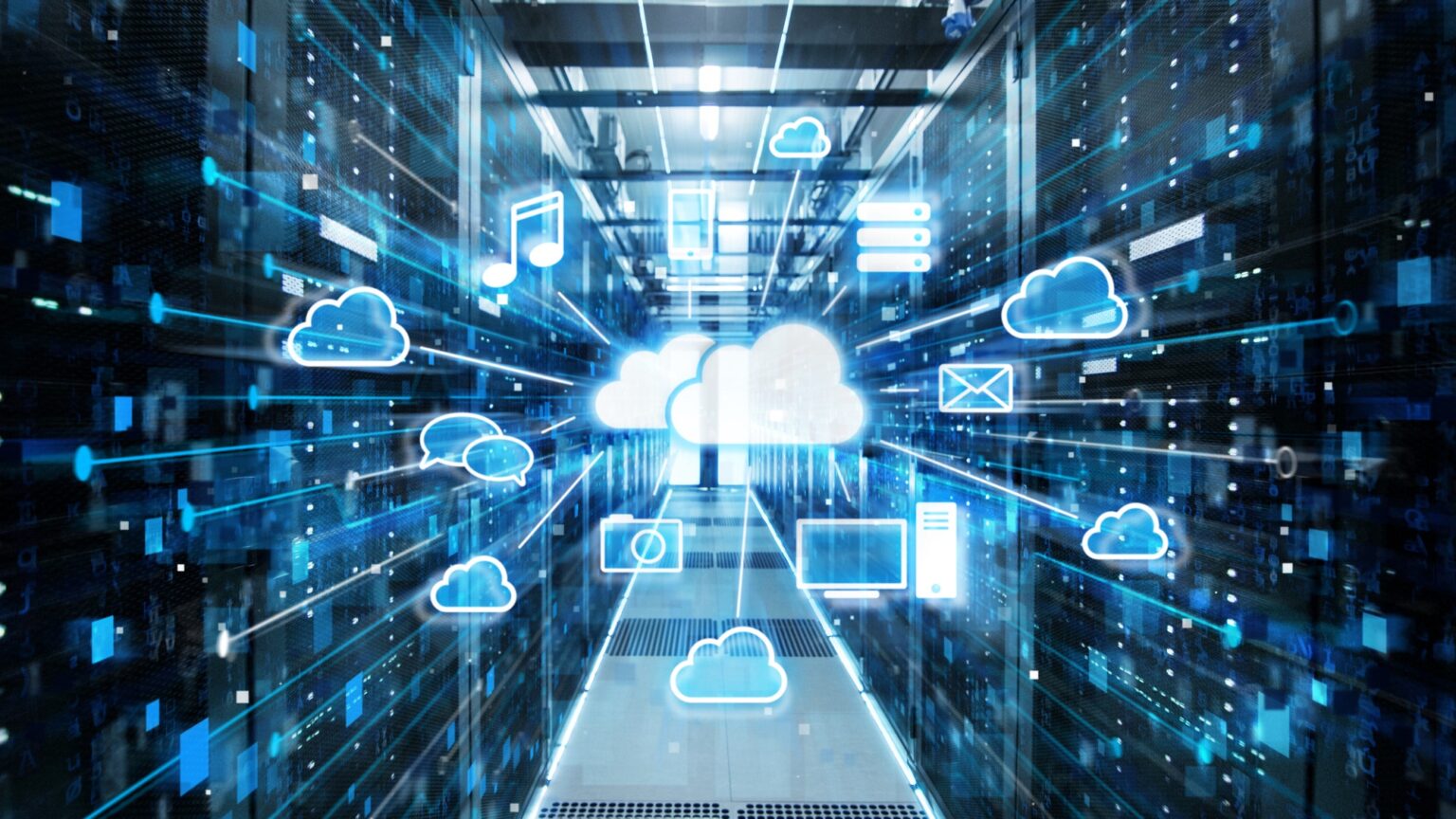 A data centre corridor with glowing cloud computing icons and digital connections overlaying server racks.